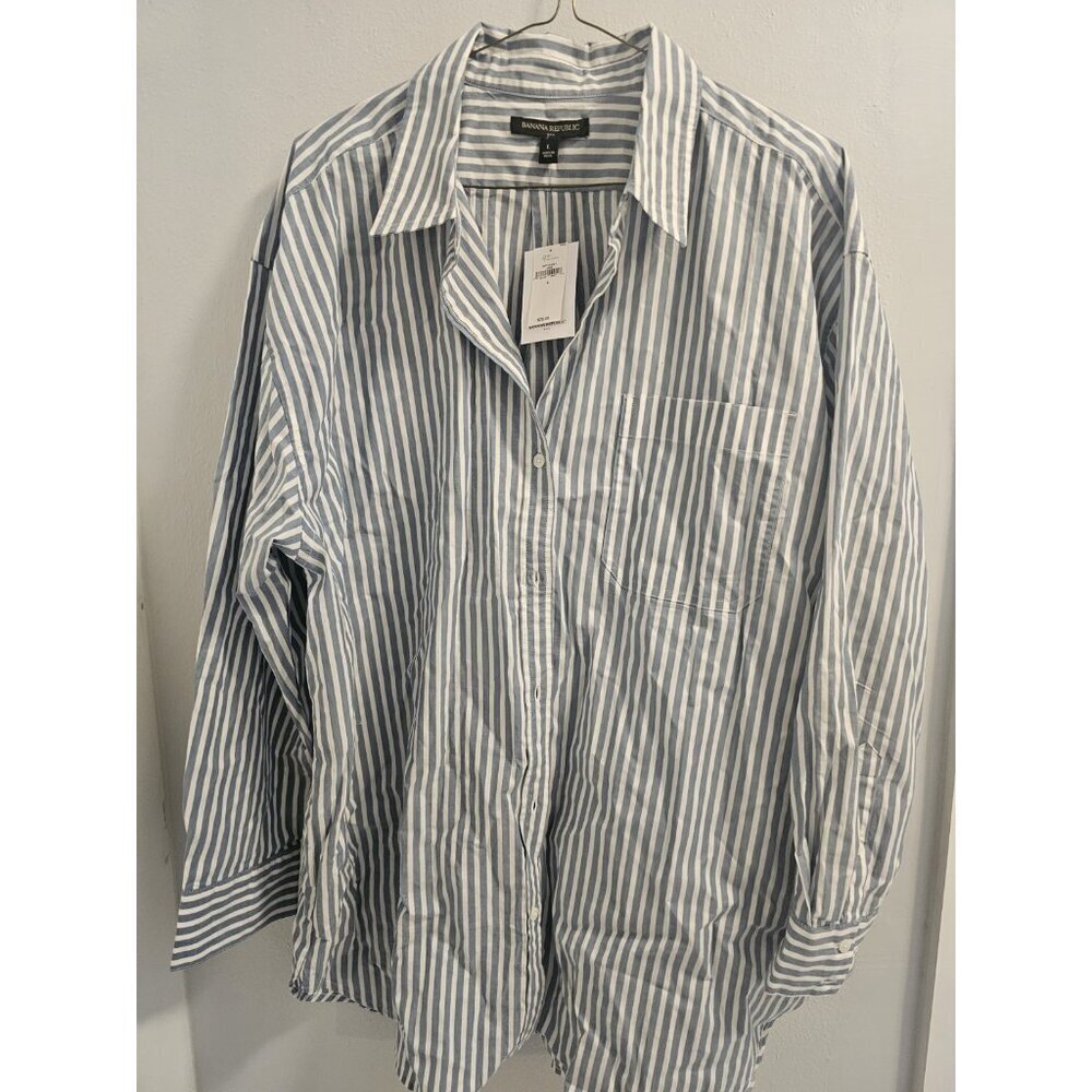 Women Banana Republic Business Casual Blue & White Pinstripe Button Down Size L - Picture 4 of 12